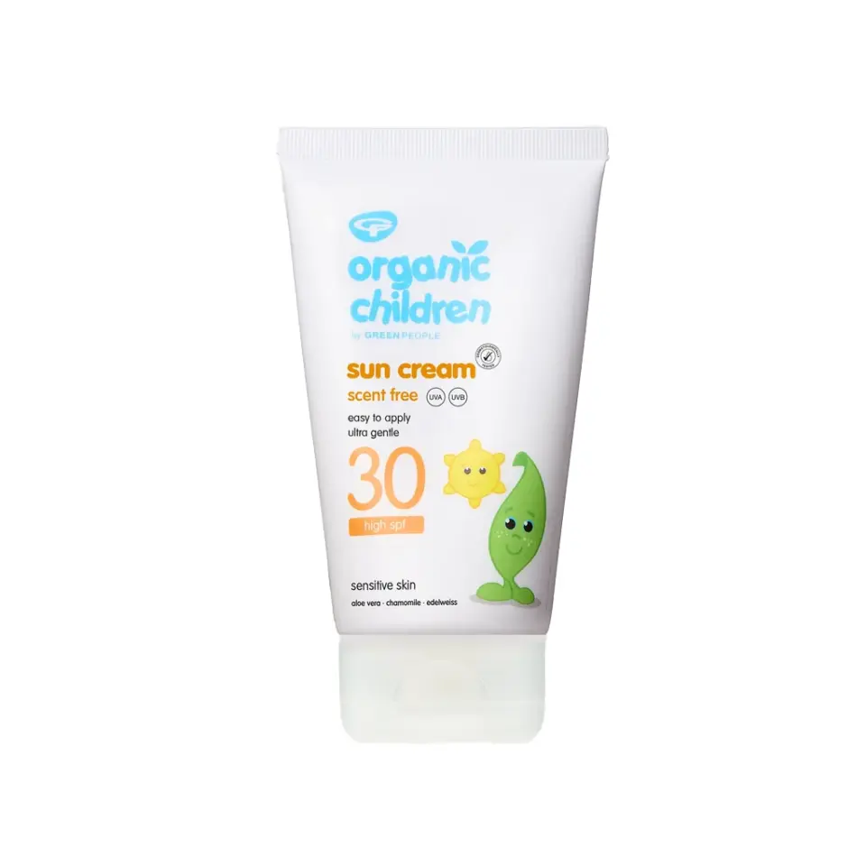 Organic Children SPF 30 sun cream, scent free, for sensitive skin. Aloe vera, chamomile, edelweiss.