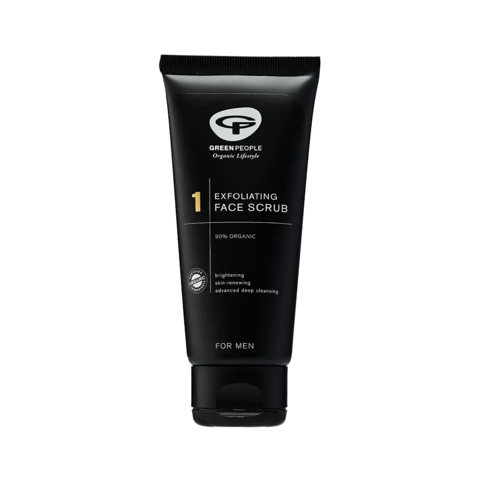Black tube of Green People exfoliating face scrub for men, 90% organic.