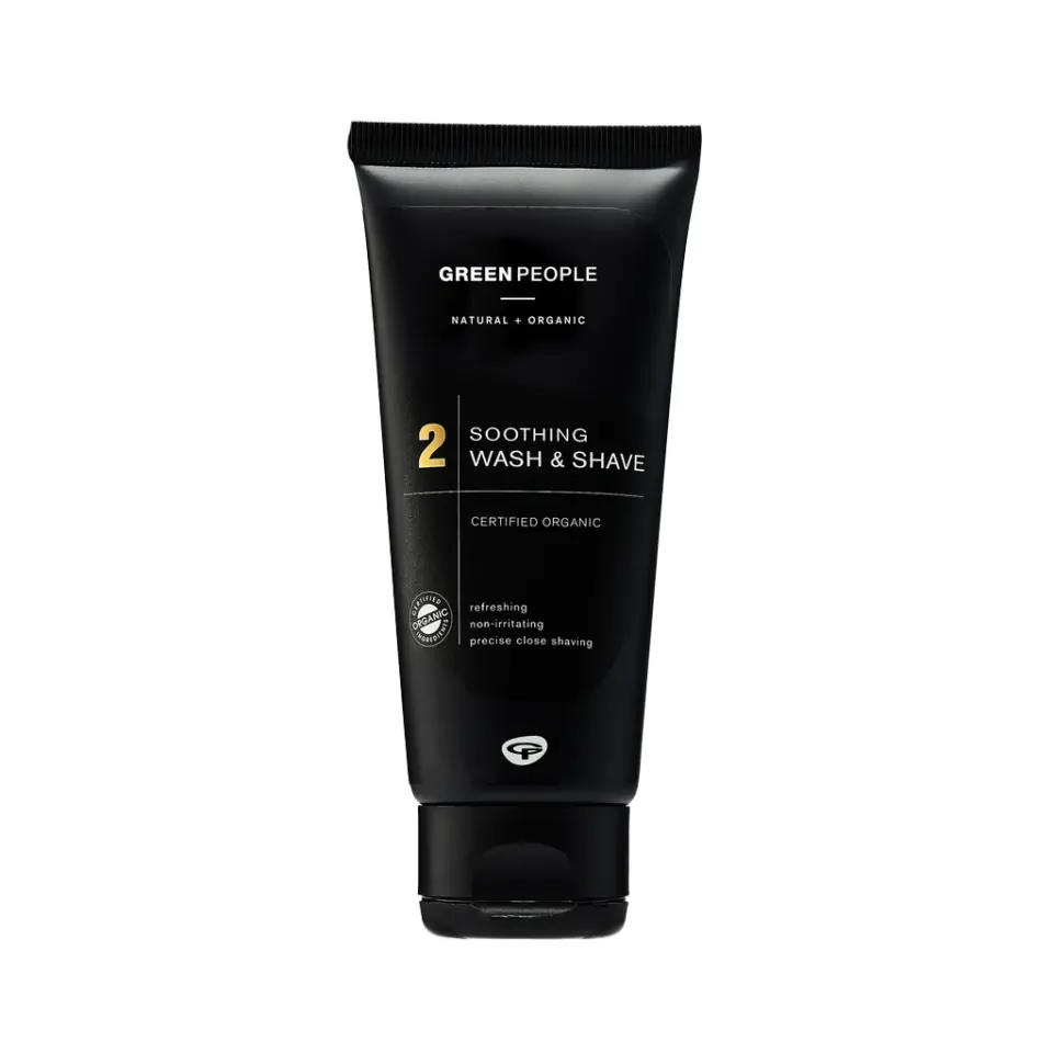 Green People Soothing Wash & Shave tube, certified organic, black packaging.