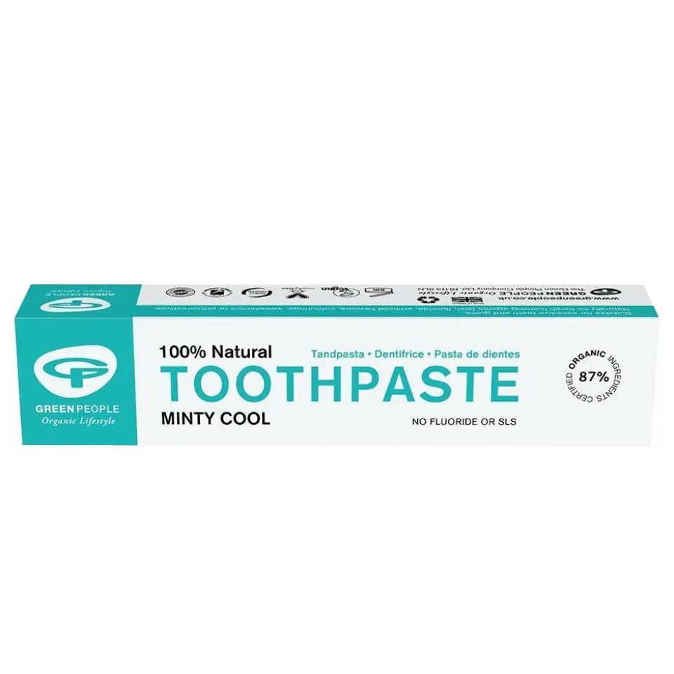 Green People Minty Cool toothpaste box, 100% natural, no fluoride or SLS, 87% organic ingredients.