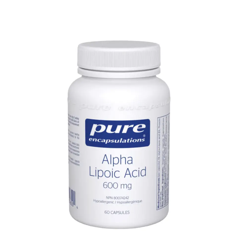 Pure encapsulations Alpha Lipoic Acid 600 mg, 60 capsules, white bottle.