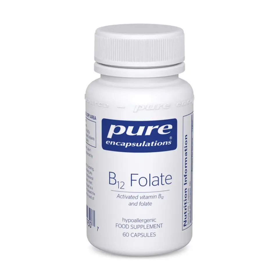 White bottle of Pure Encapsulations B12 Folate, 60 capsules, hypoallergenic supplement.