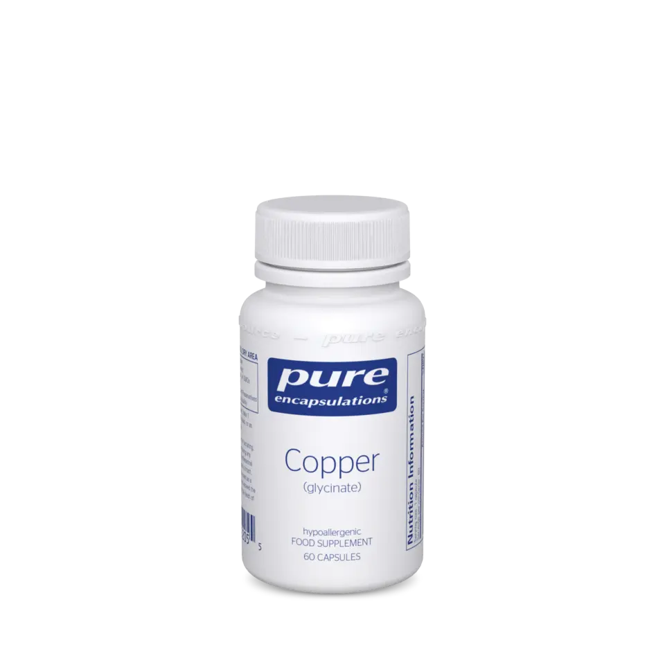 White bottle of Pure Encapsulations Copper glycinate, 60 capsules, hypoallergenic supplement.