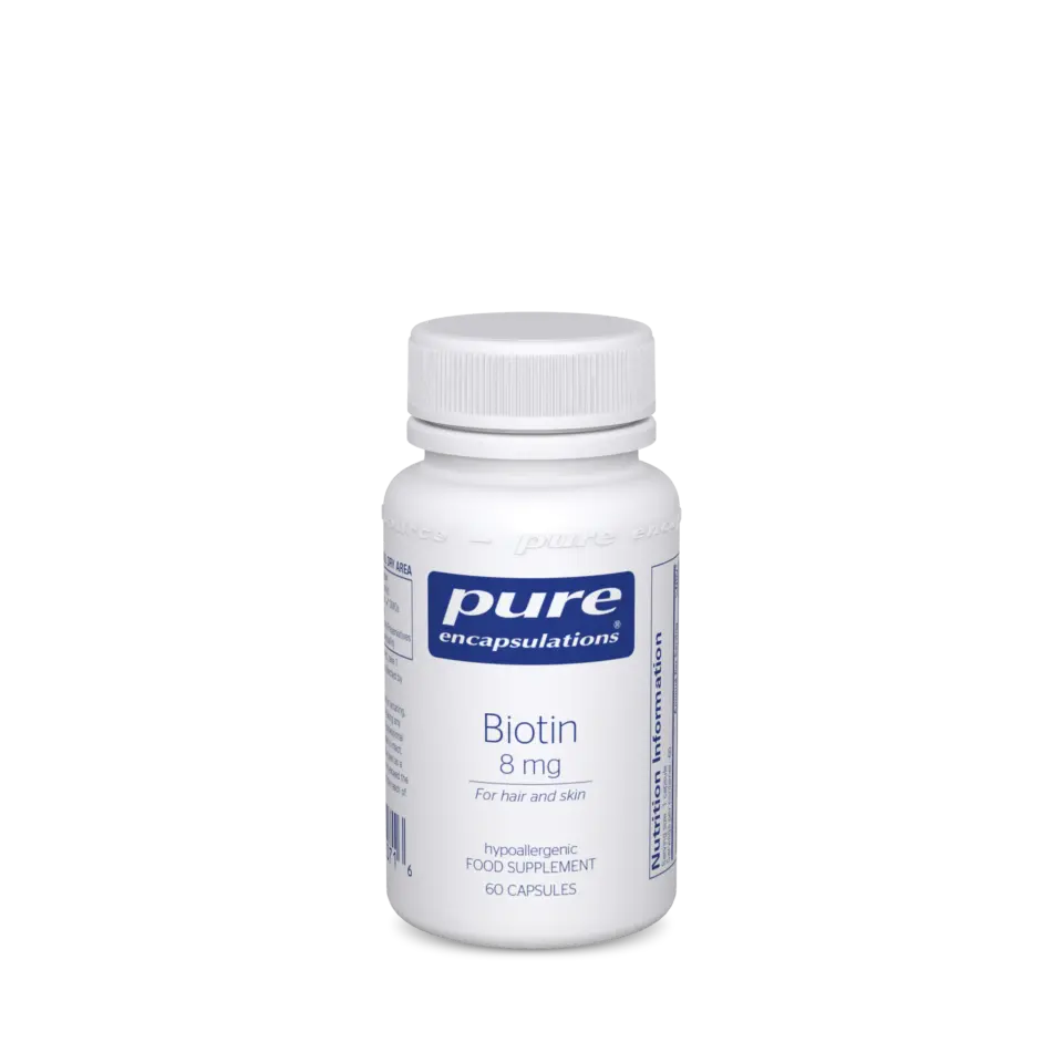 Biotin 8 mg supplement bottle, 60 capsules, for hair and skin.