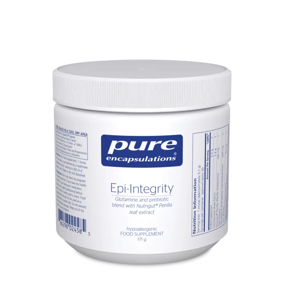 Pure Encapsulations Epi-Integrity supplement jar, 171g, with nutritional information.