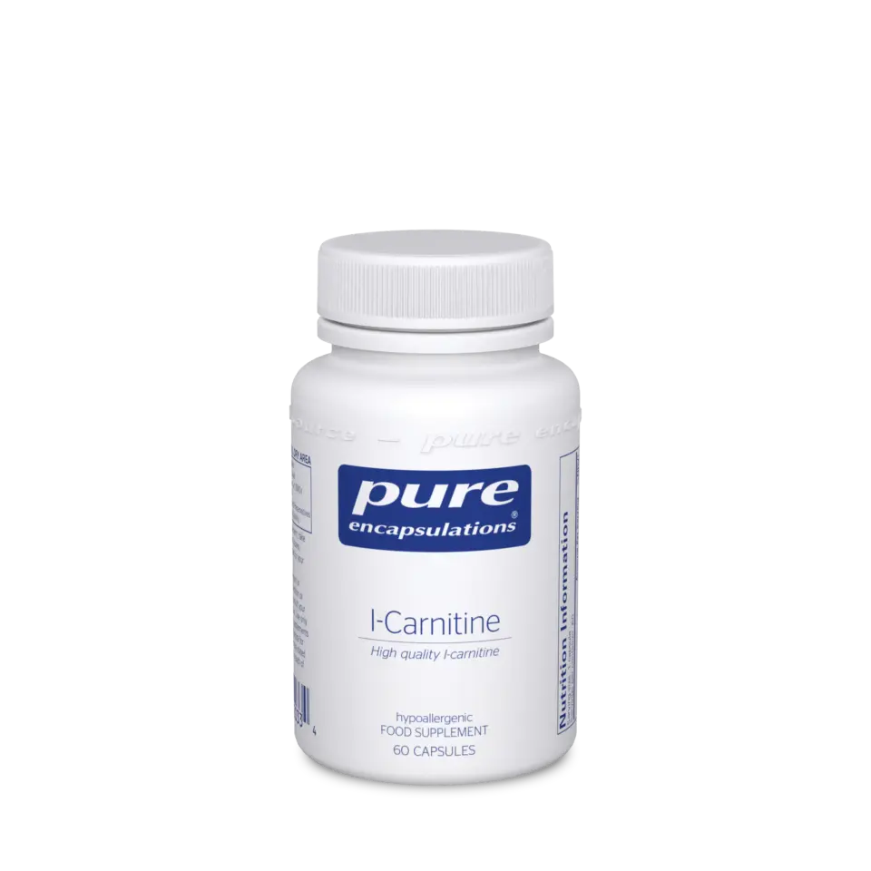 White bottle of Pure Encapsulations L-Carnitine, 60 capsules, hypoallergenic food supplement.