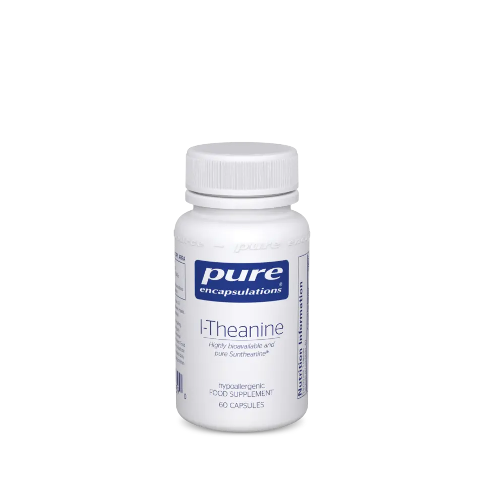 White bottle of Pure Encapsulations I-Theanine, 60 capsules, with blue label.