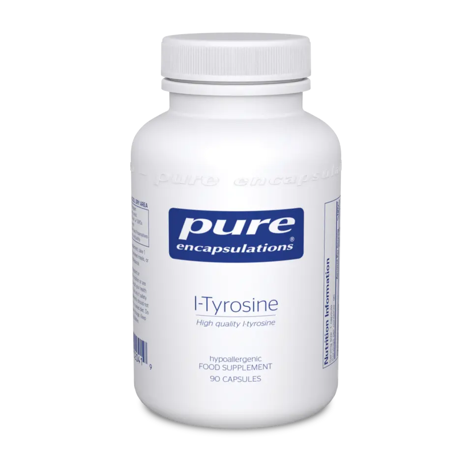 Pure Encapsulations l-Tyrosine supplement bottle, 90 capsules, white with blue label.