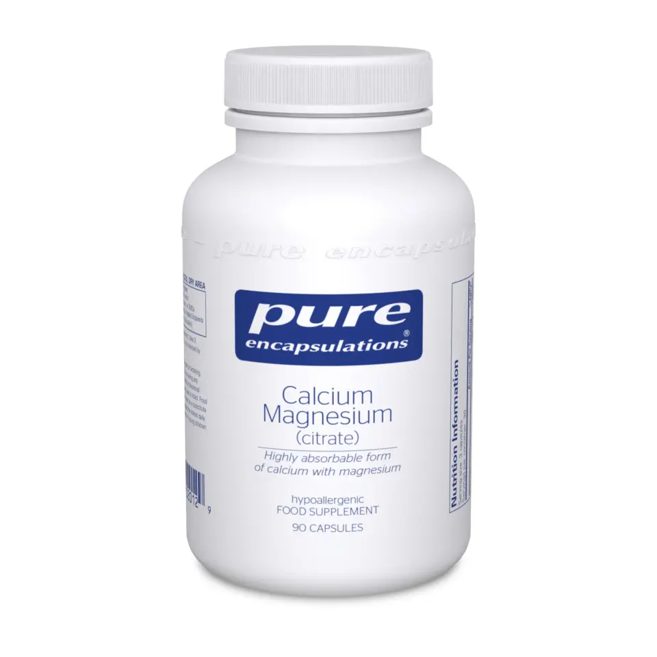 Pure Encapsulations Calcium Magnesium Citrate, 90 capsules, white bottle.