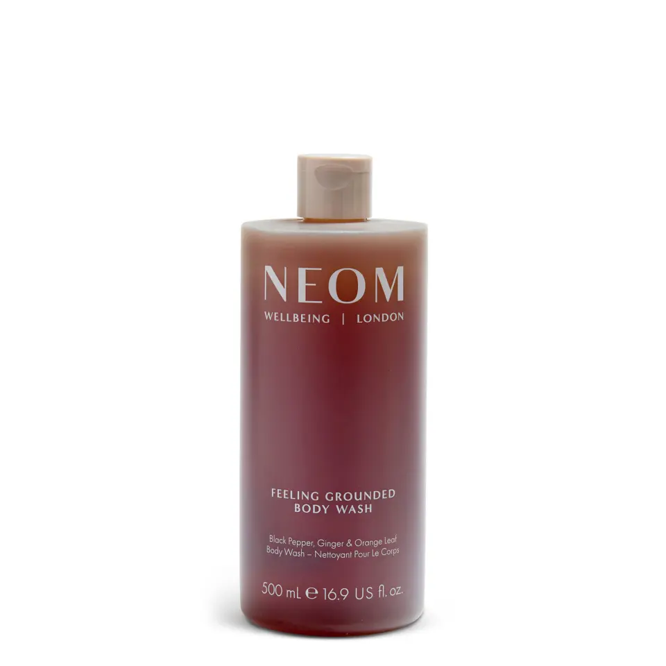 NEOM Feeling Grounded Body Wash, 500ml bottle, black pepper, ginger, orange leaf scent.