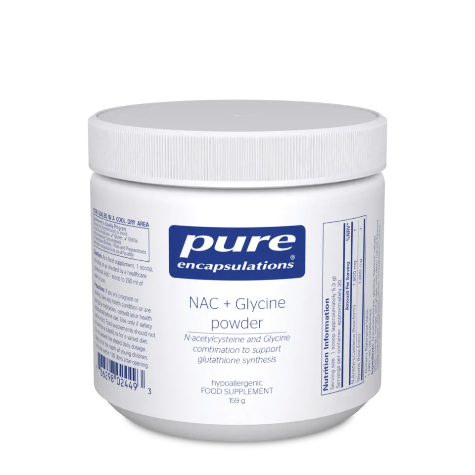 White jar of NAC + Glycine powder by Pure Encapsulations, 159g, with blue label.
