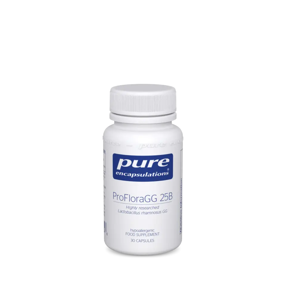 White bottle of Pure Encapsulations ProFloraGG 25B, 30 capsules, Lactobacillus rhamnosus GG.