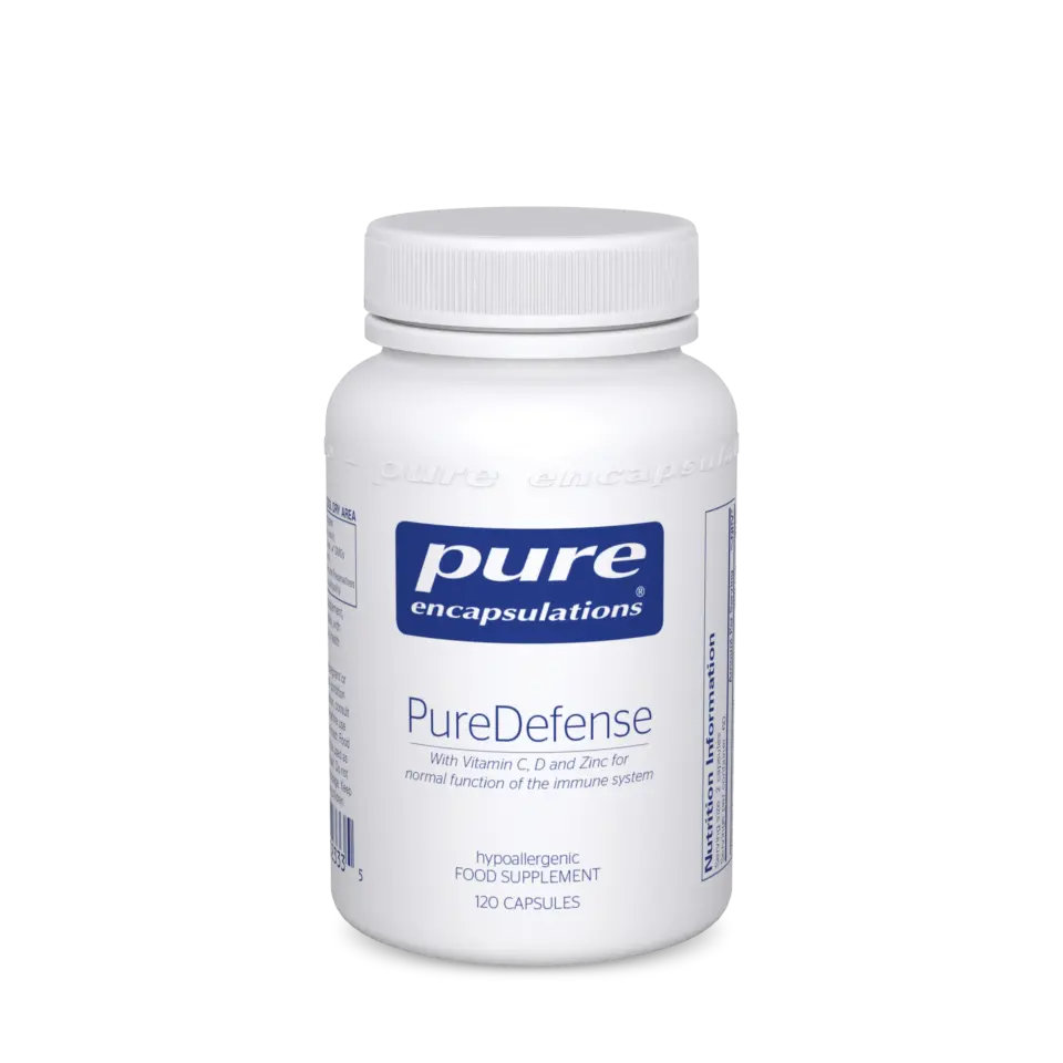 White bottle of PureDefense capsules, 120 count, with vitamins C, D, and zinc.