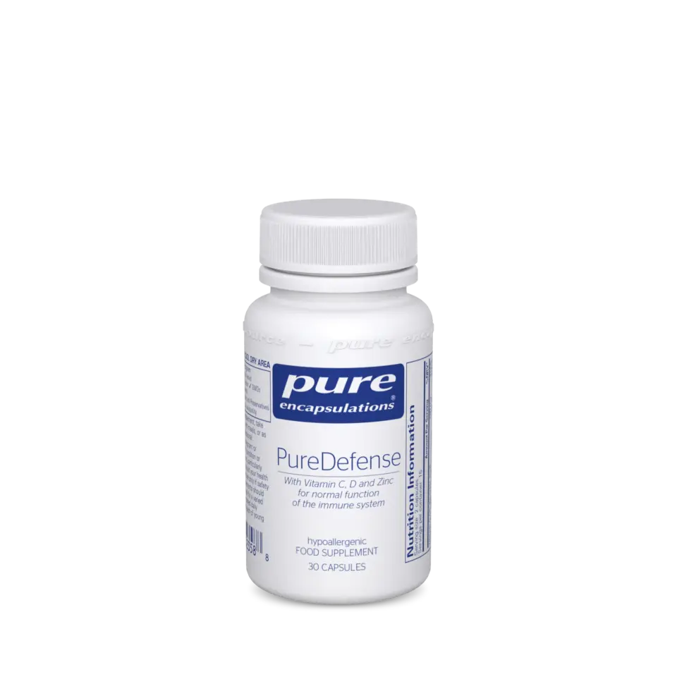 White bottle of PureDefense capsules with Vitamin C, D, and Zinc. 30 capsules.