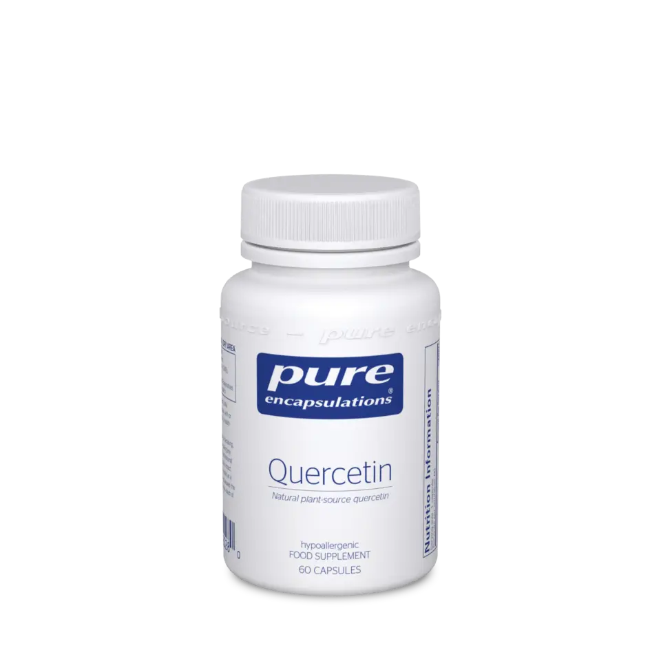 White bottle of Pure Encapsulations Quercetin, 60 capsules, hypoallergenic food supplement.