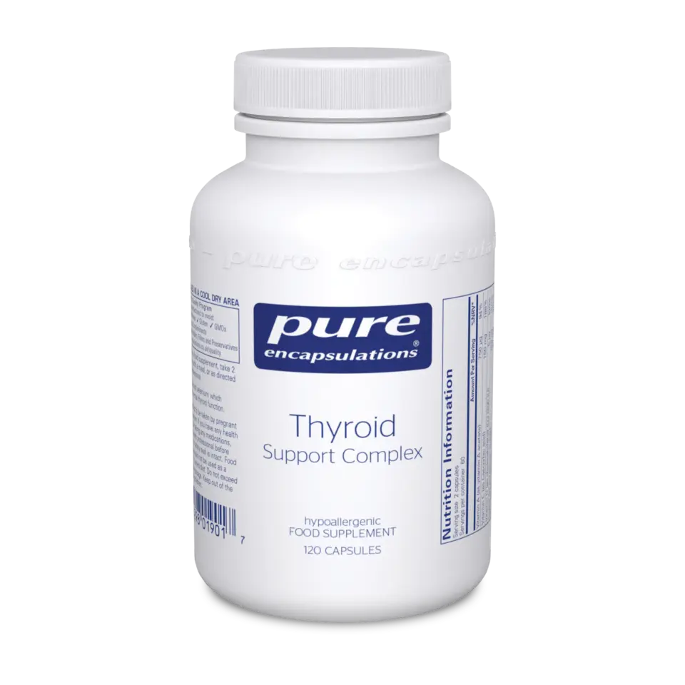 White bottle of Pure Encapsulations Thyroid Support Complex, 120 capsules.