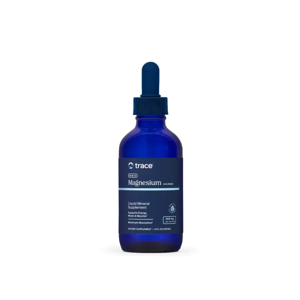 Blue bottle of Trace Ionic Magnesium Chloride liquid supplement with dropper.