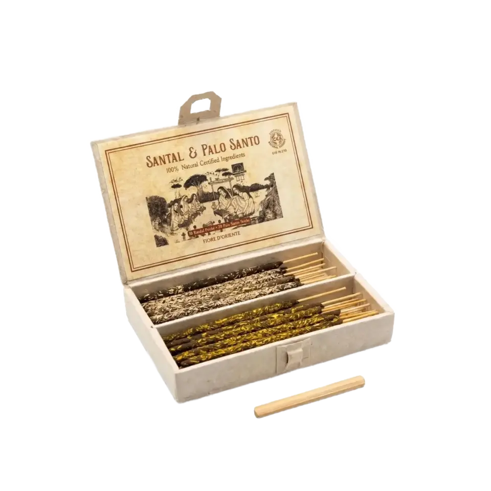 Open box of Santal & Palo Santo incense sticks with natural ingredients label.
