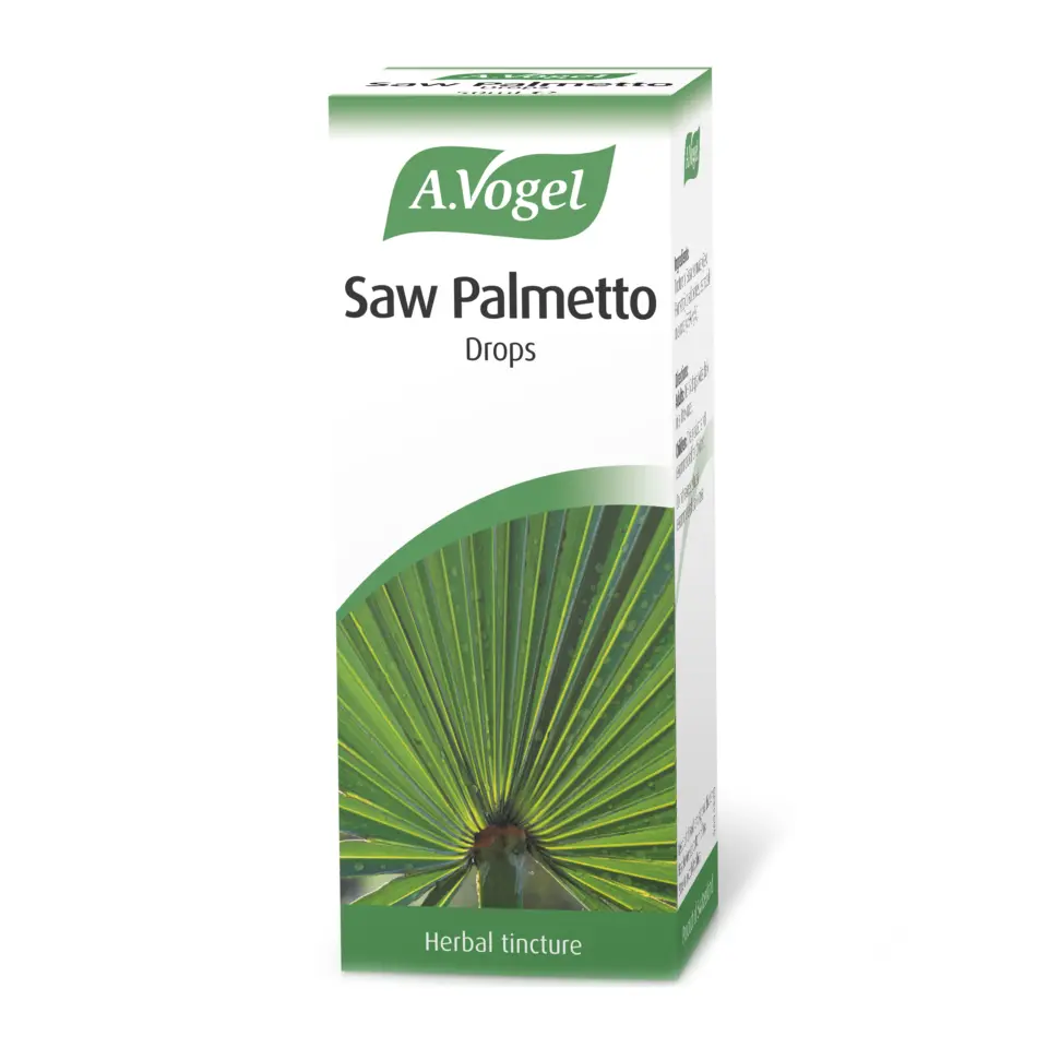 A.Vogel Saw Palmetto Drops box with palm leaf image, labelled herbal tincture.