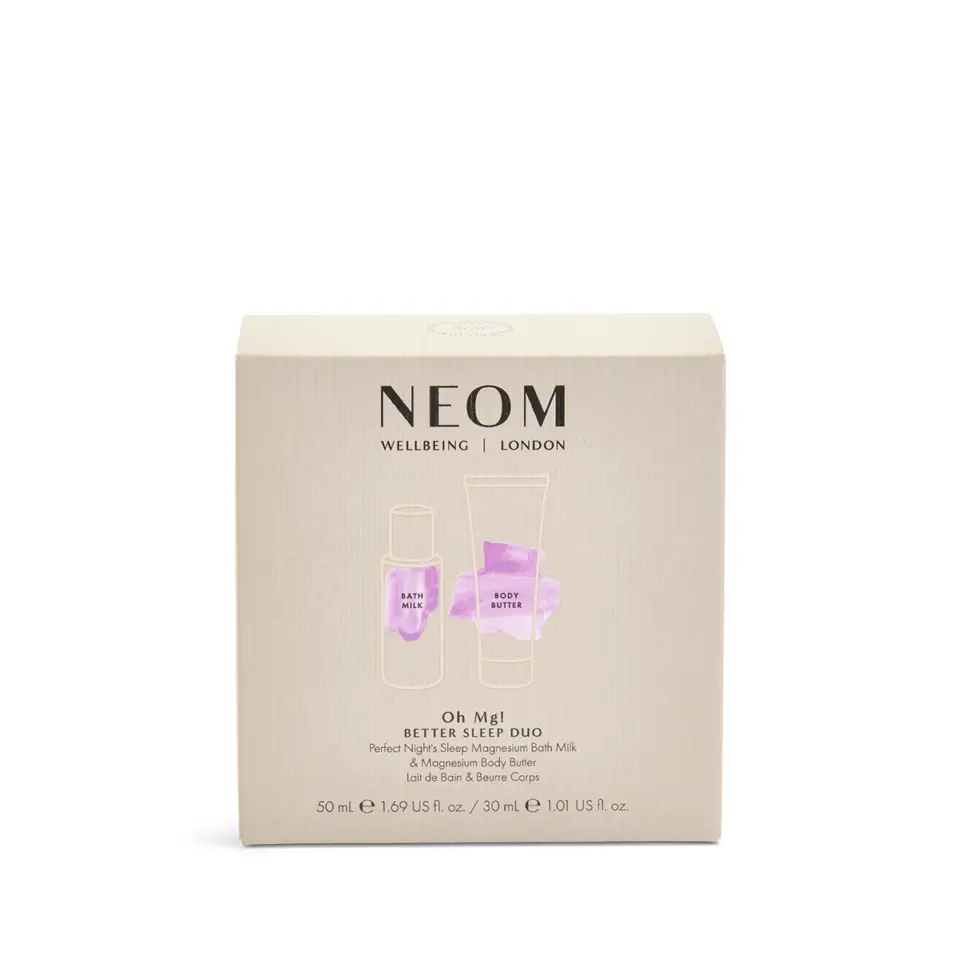 NEOM Better Sleep Duo box with bath milk and body butter illustrations.