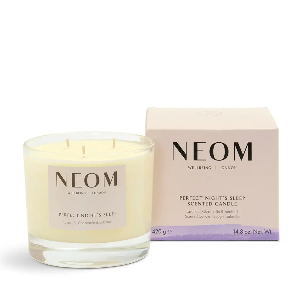 NEOM Perfect Night's Sleep candle with box, lavender, chamomile, patchouli scent, 420g.
