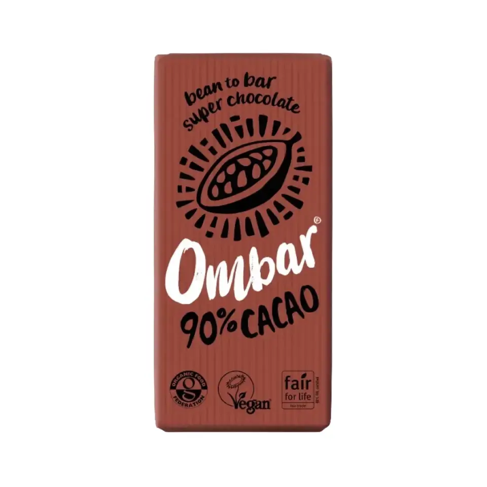 Ombar 90% cacao chocolate bar, vegan and fair trade certified.