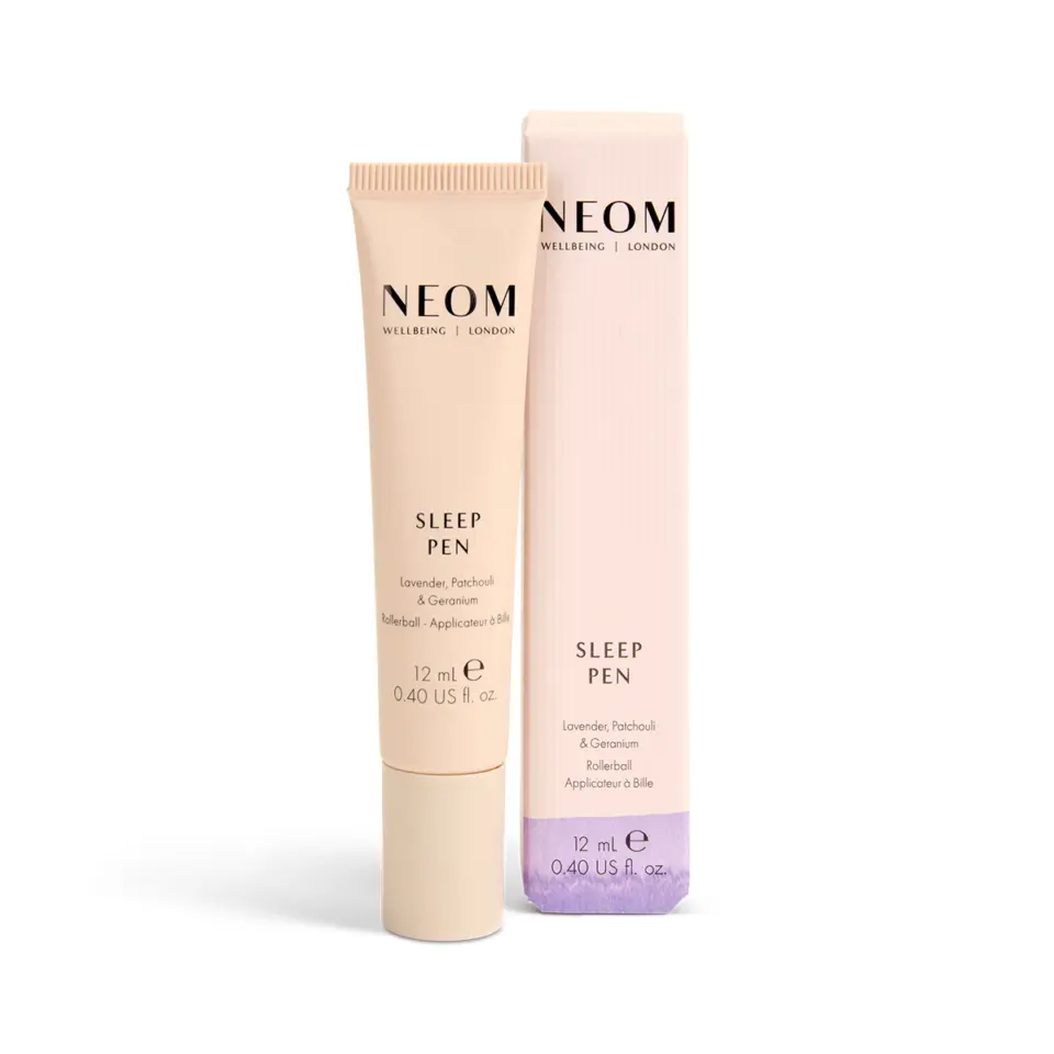 NEOM Sleep Pen with lavender, patchouli, geranium. Rollerball applicator, 12 ml tube and box.