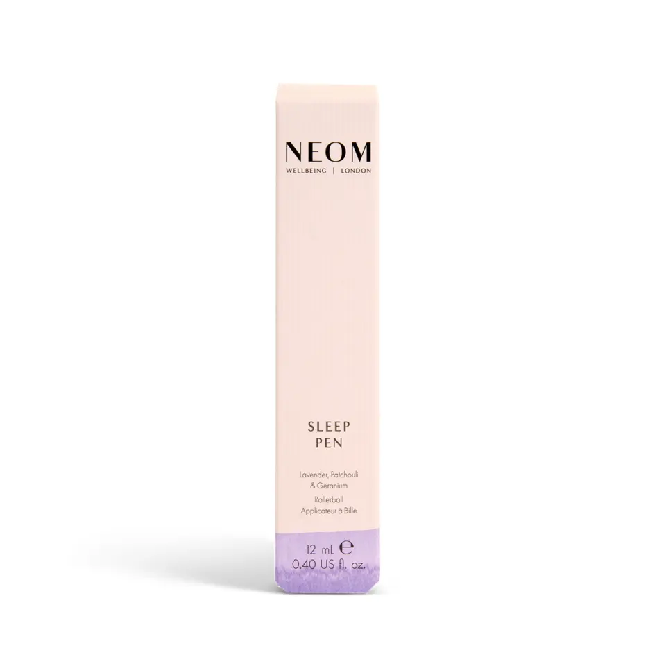 NEOM Sleep Pen box with lavender, patchouli, geranium. 12 ml rollerball applicator.