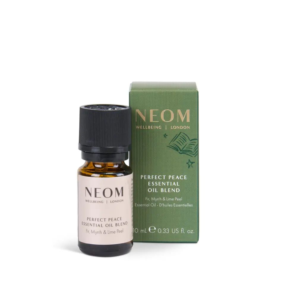 NEOM Perfect Peace Essential Oil Blend, 10ml bottle and green box. Fir, Myrrh, Lime Peel.