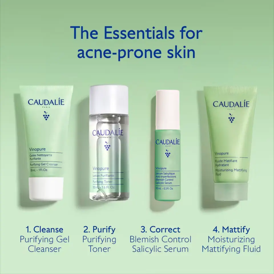 Caudalie Vinopure products for acne-prone skin: cleanser, toner, serum, and mattifying fluid.
