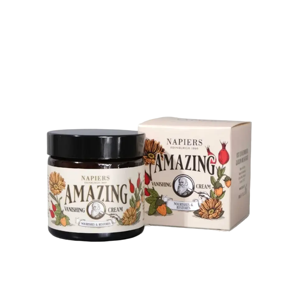Napiers Amazing Vanishing Cream jar and box with floral design.