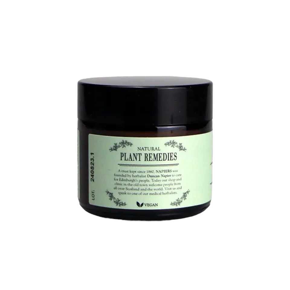 Brown jar with "Natural Plant Remedies" label, vegan symbol, and text about Napiers' herbalist history.