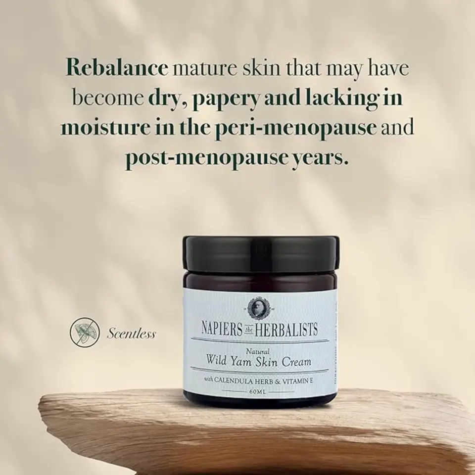 Napiers Wild Yam Skin Cream jar on a wooden surface. Text about rebalancing mature skin.