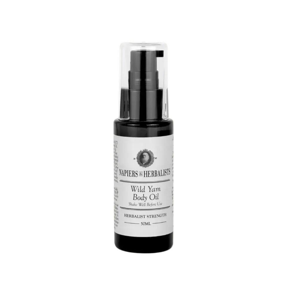 Napiers Wild Yam Body Oil, 50ml bottle with pump dispenser.