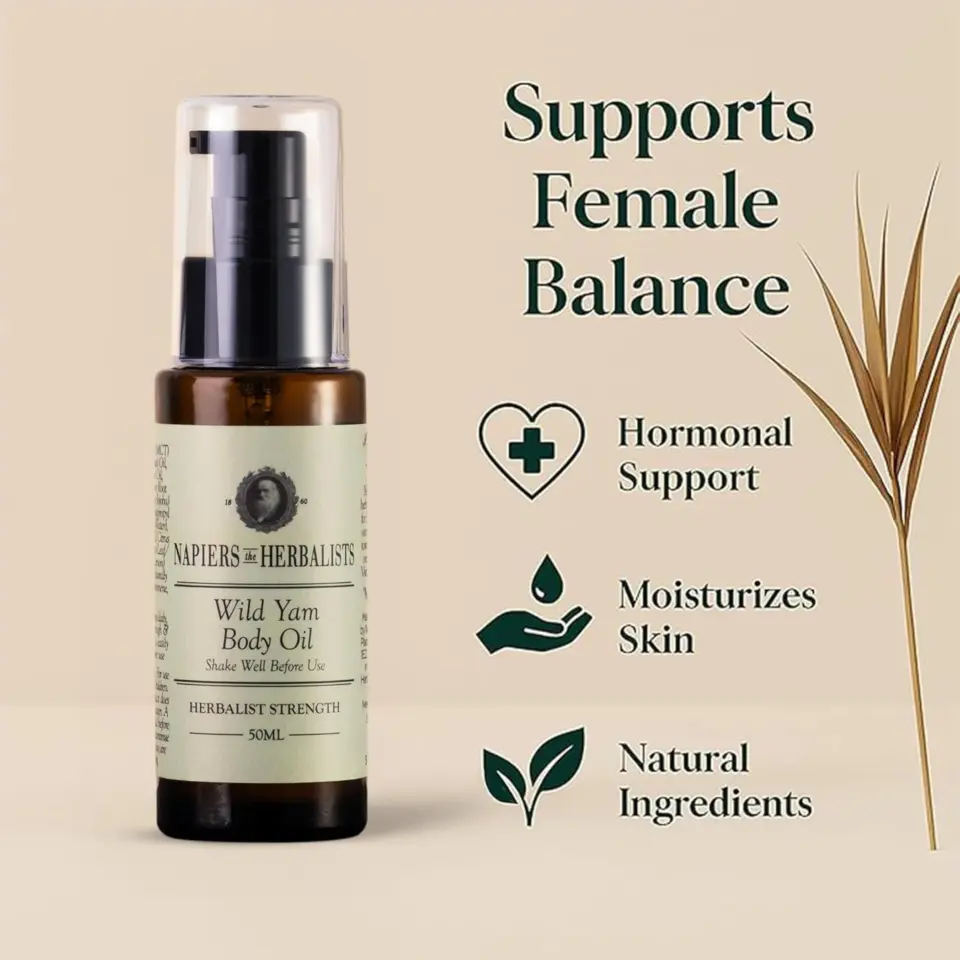 Wild Yam Body Oil bottle with text: Supports Female Balance, Hormonal Support, Moisturises Skin.