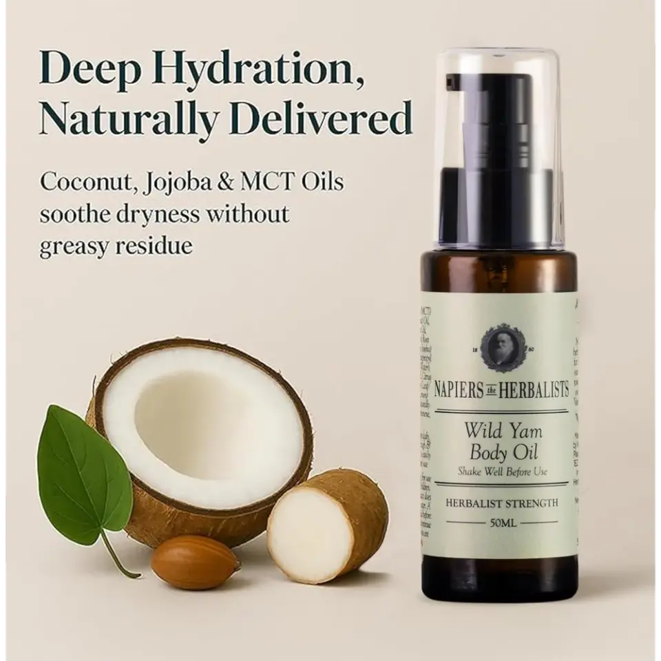 Napiers Wild Yam Body Oil with coconut, jojoba, and MCT oils. Text: Deep Hydration, Naturally Delivered.