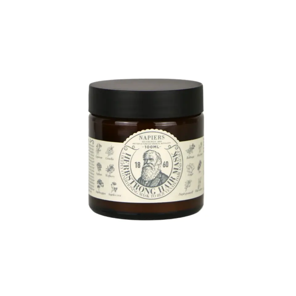 Brown jar of Napiers Herbstrong Hair Mask, 100ml, with botanical illustrations on label.