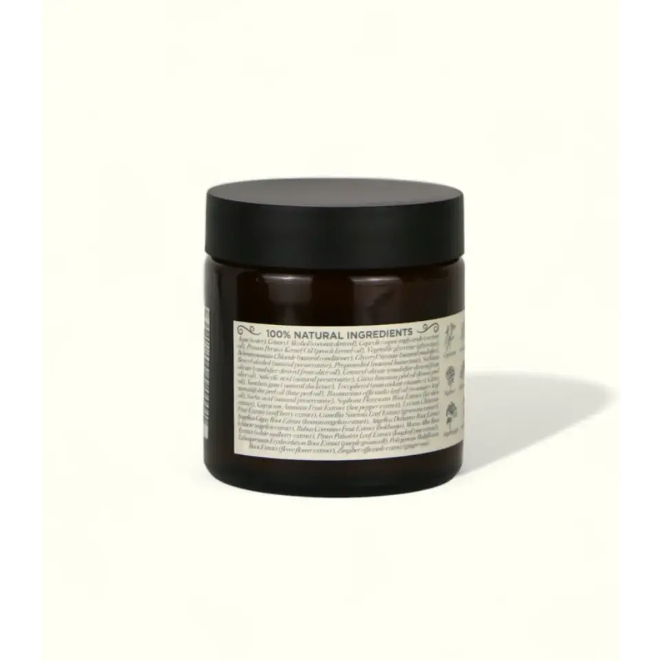 Brown jar with black lid, label reads "100% Natural Ingredients".