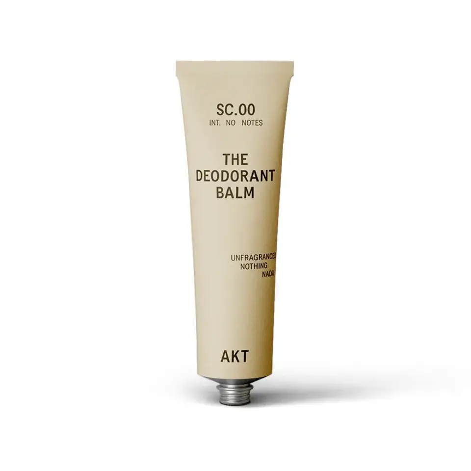 Beige tube labelled "The Deodorant Balm" by AKT, unfragranced.