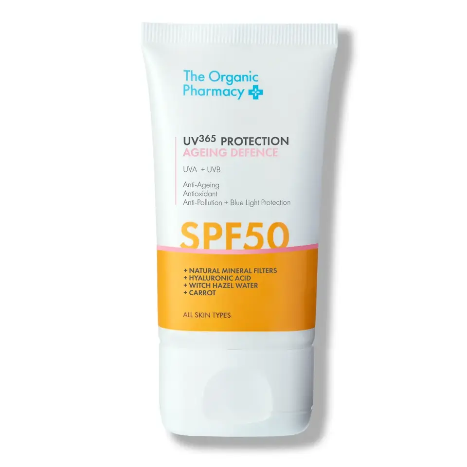 The Organic Pharmacy SPF50 cream for all skin types, anti-ageing, antioxidant, 50ml tube.