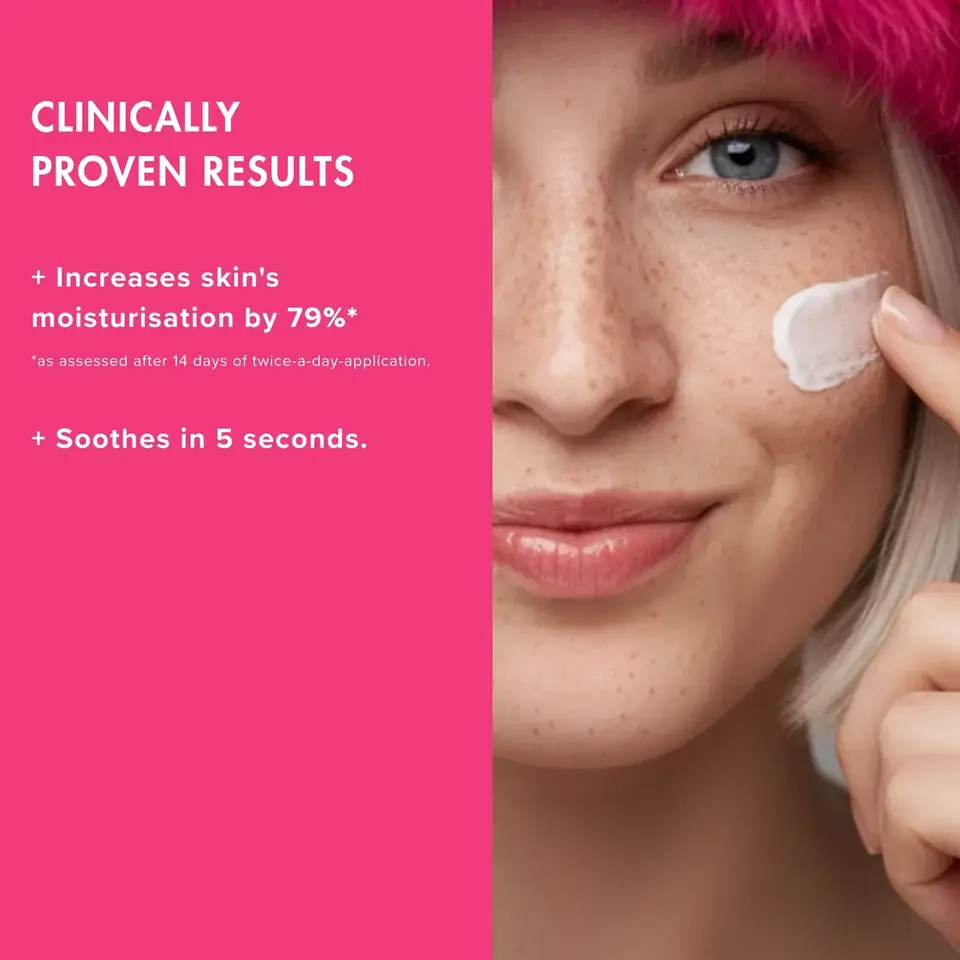 Woman applying cream to cheek, text: "Clinically proven results, increases skin's moisturisation by 79%".