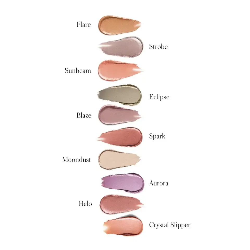 Nine lipstick swatches with names: Flare, Strobe, Sunbeam, Eclipse, Blaze, Spark, Moondust, Aurora, Halo.