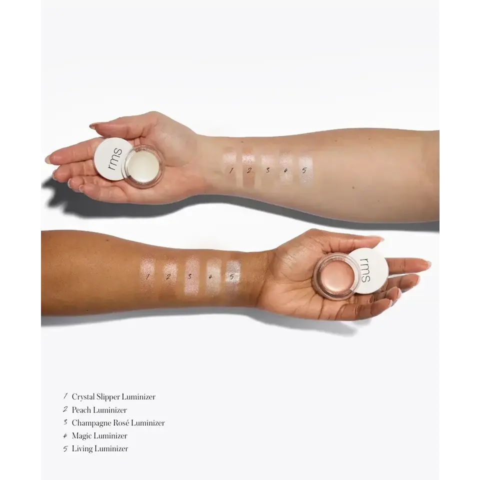 Two arms with luminiser swatches labelled 1 to 5. Each holds an open rms luminiser pot.