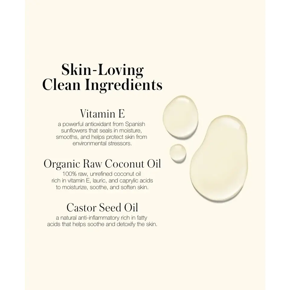 Skin-Loving Clean Ingredients: Vitamin E, Organic Raw Coconut Oil, Castor Seed Oil.