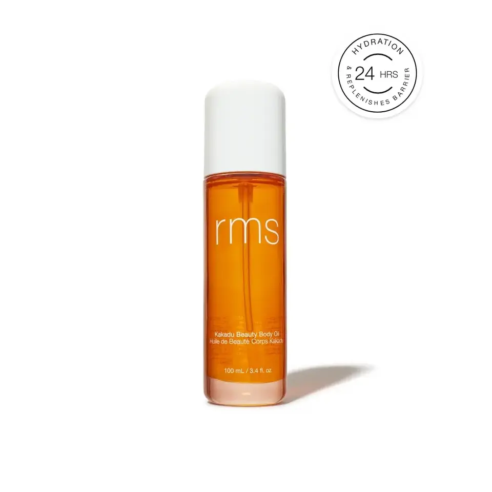 RMS Kakadu Beauty Body Oil, 100 ml bottle, with 24-hour hydration badge.