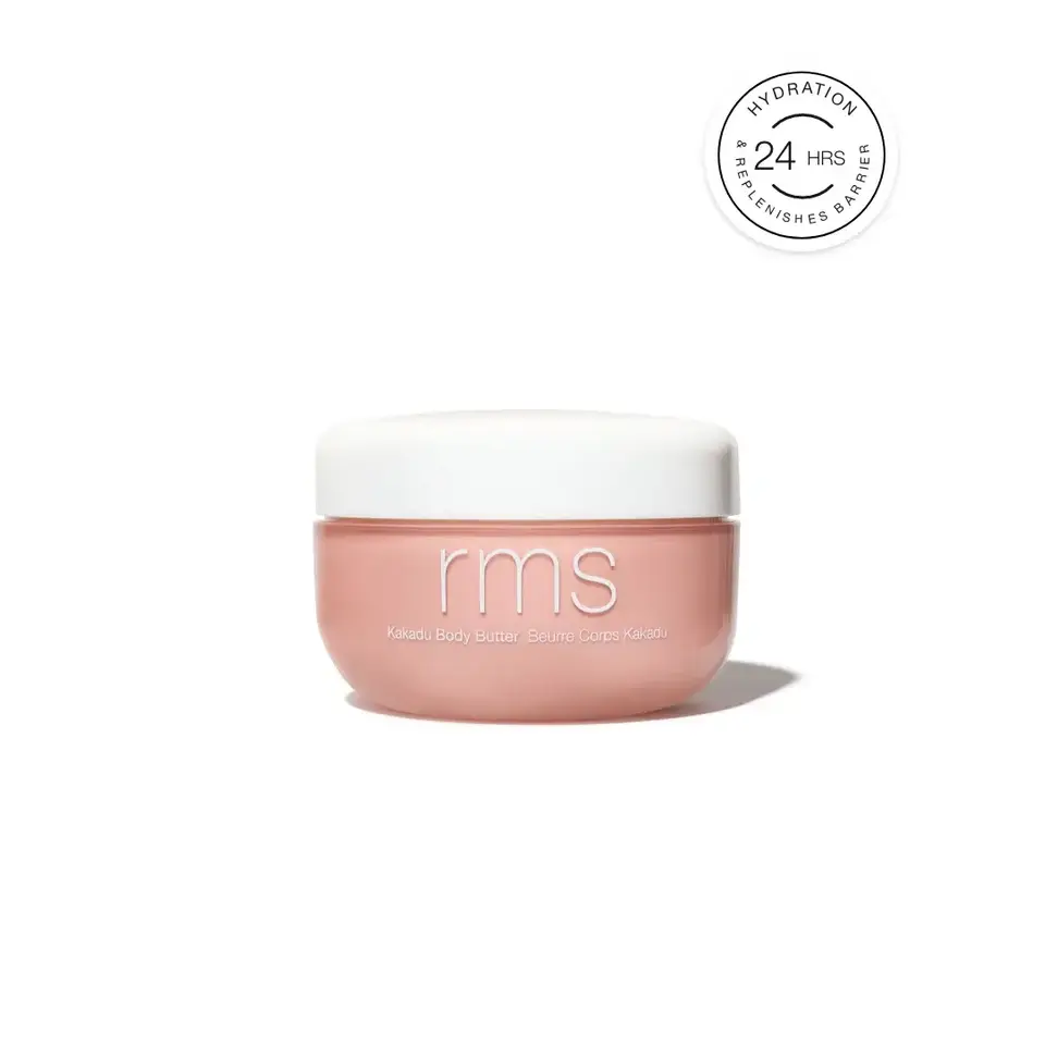 Rms Kakadu Body Butter in a pink jar with a white lid. Text: Hydration 24 hrs, replenishes barrier.