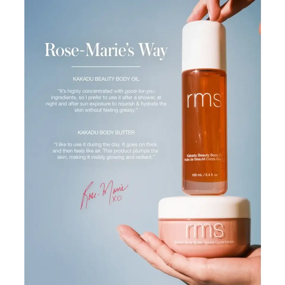 Two rms skincare products held in hands, with text about Kakadu Beauty Body Oil and Body Butter.