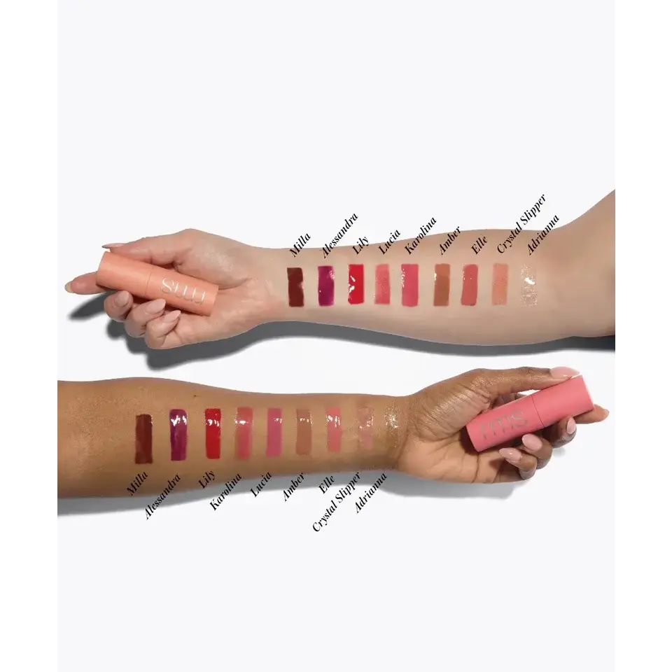 Two arms showing lipstick swatches labelled Milla to Adriana, holding pink lipstick tubes.
