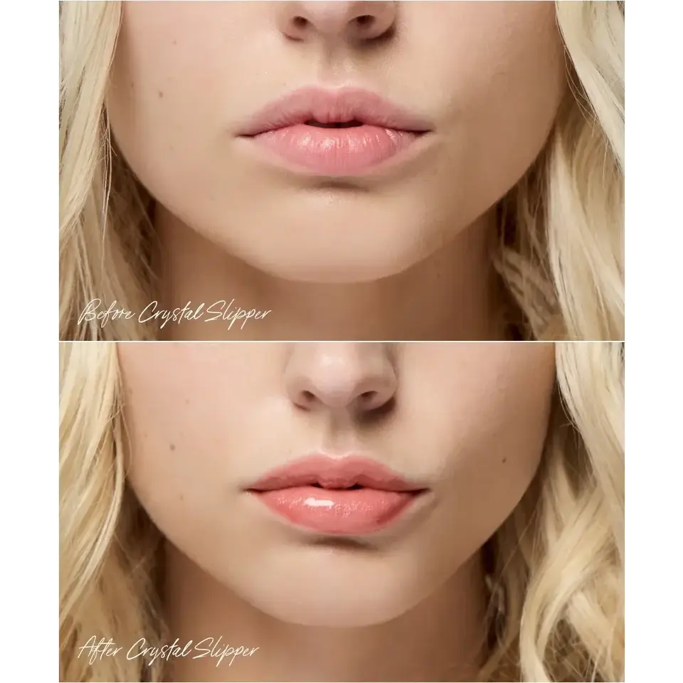 Close-up of lips before and after applying Crystal Slipper gloss.
