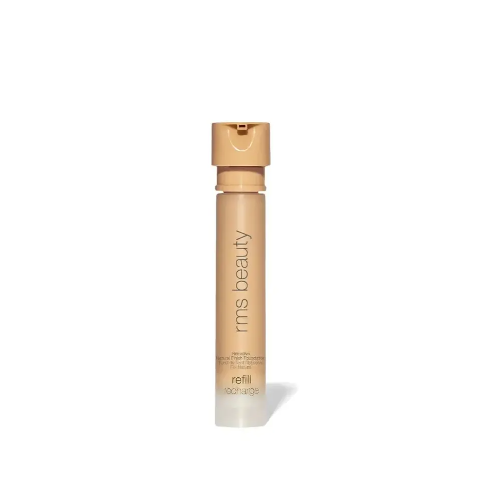 Beige cylindrical bottle with "rms beauty" text, labelled "refill recharge".
